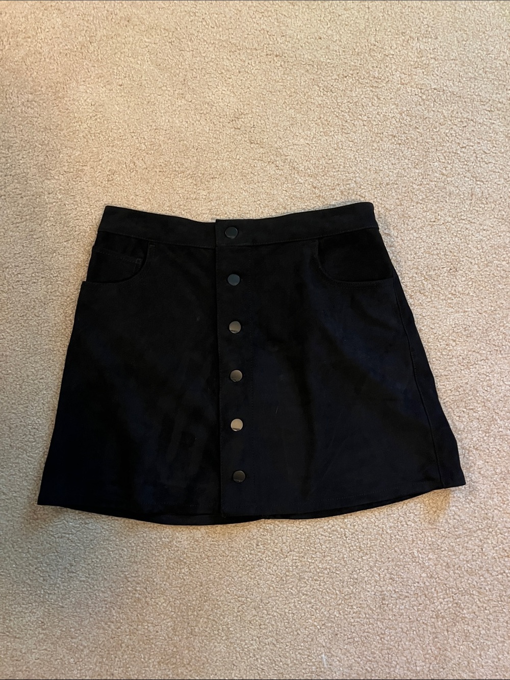 Black Button-Front A-Line Suede Skirt